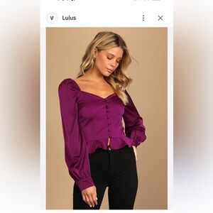 Purple Satin Long Sleeve Button-Up Top